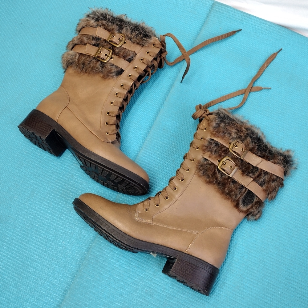 DREAM PAIRS Women's Foxy Faux Fur Mid Calf Riding Combat Boots Size 8.5